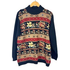 Alfred Dunner Cozy Knit Embroidered Sweater Sz L Pet. Cottagecore Floral Granny
